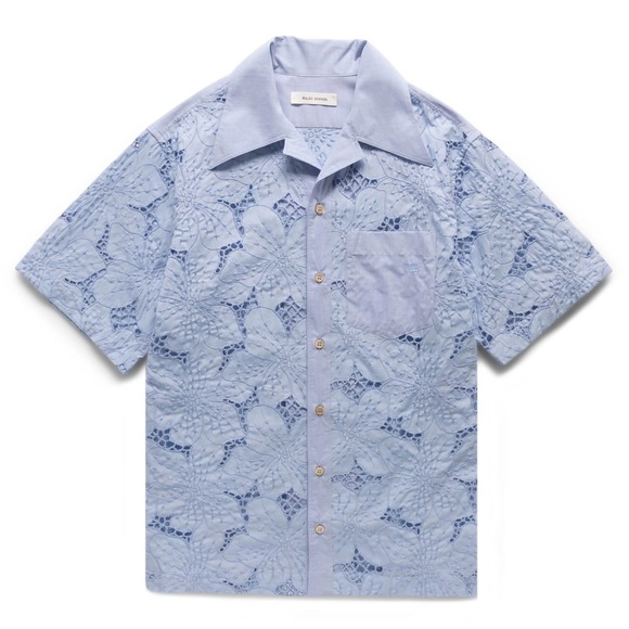 WALES BONNER FLORAL LACE HIGHLIFE BOWLING SHIRT LIGHT BLUE L
